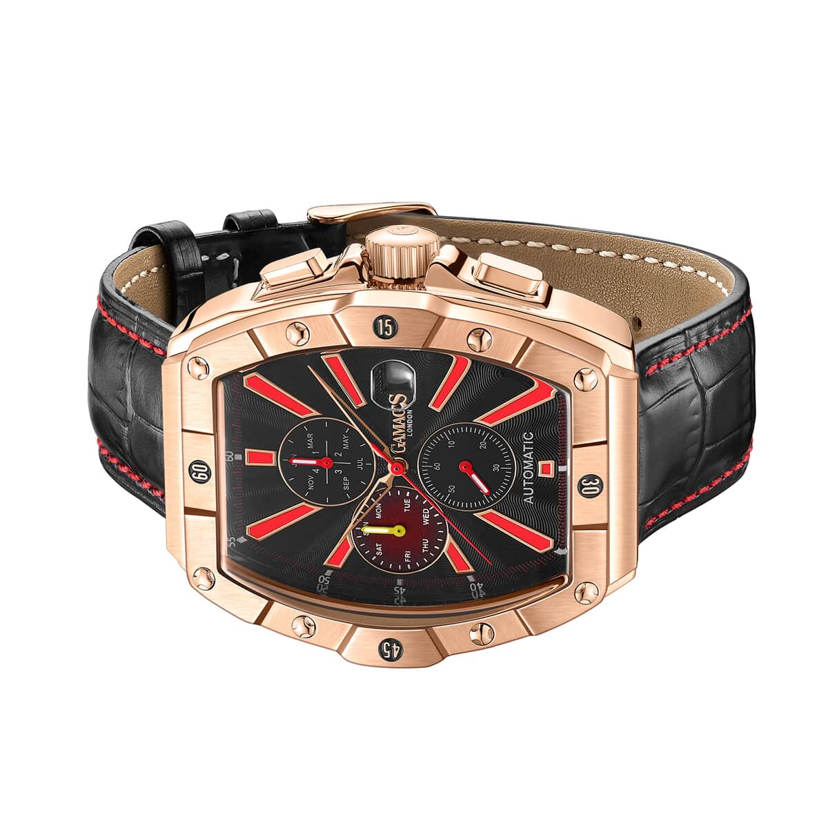 GAMAGES OF LONDON Limited Edition Hand Assembled Galactic Automatic Movement Genuine Leather Strap Watch in Rose (43mm) image number 1