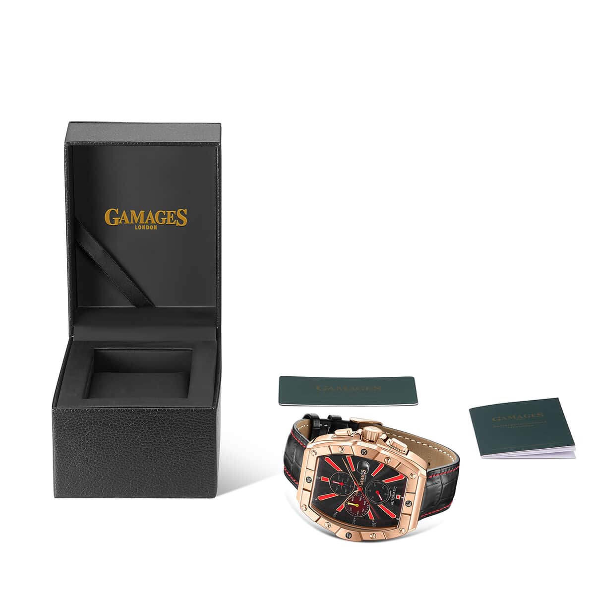GAMAGES OF LONDON Limited Edition Hand Assembled Galactic Automatic Movement Genuine Leather Strap Watch in Black (43mm) image number 3