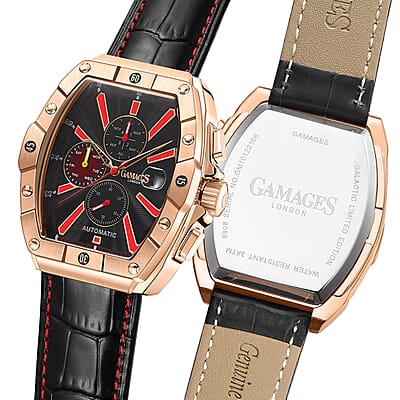 GAMAGES OF LONDON Limited Edition Hand Assembled Galactic Automatic Movement Genuine Leather Strap Watch in Rose (43mm)