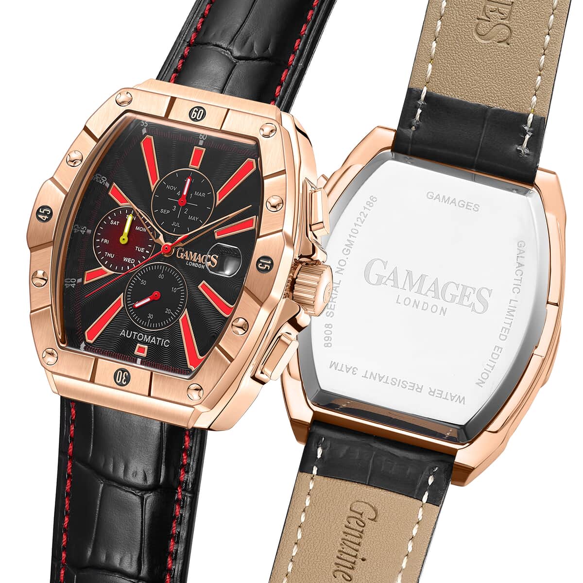 GAMAGES OF LONDON Limited Edition Hand Assembled Galactic Automatic Movement Genuine Leather Strap Watch in Black (43mm) image number 4