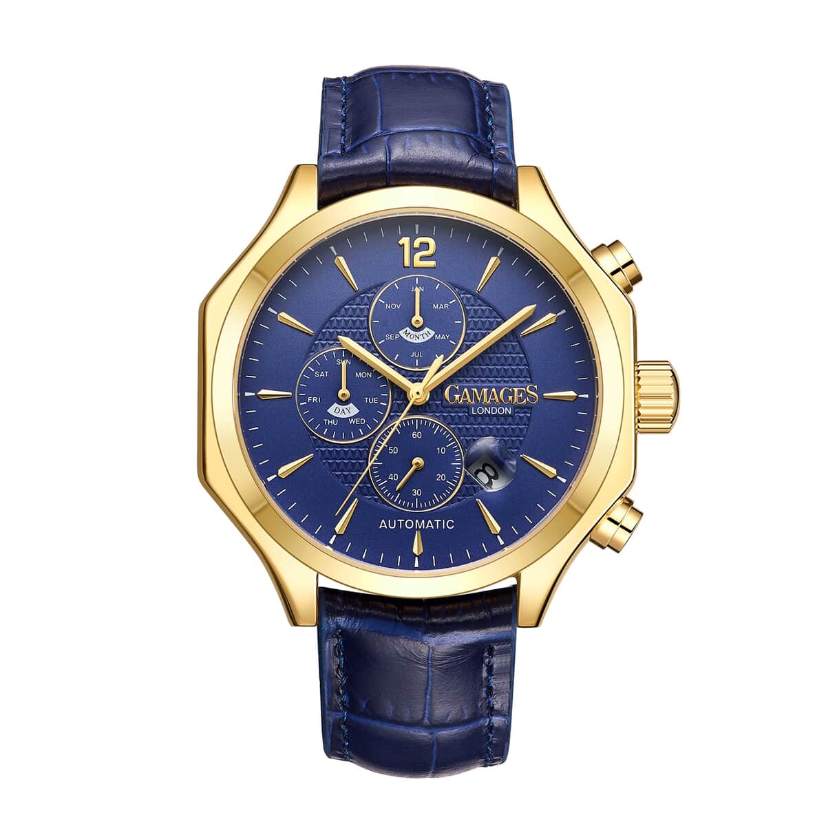 GAMAGES OF LONDON Limited Edition Hand Assembled Grandeur Automatic Movement Genuine Leather Strap Watch in Blue (45mm) FREE GIFT PEN image number 0