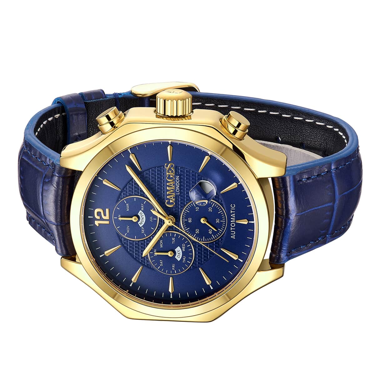 GAMAGES OF LONDON Limited Edition Hand Assembled Grandeur Automatic Movement Genuine Leather Strap Watch in Blue (45mm) FREE GIFT PEN image number 1