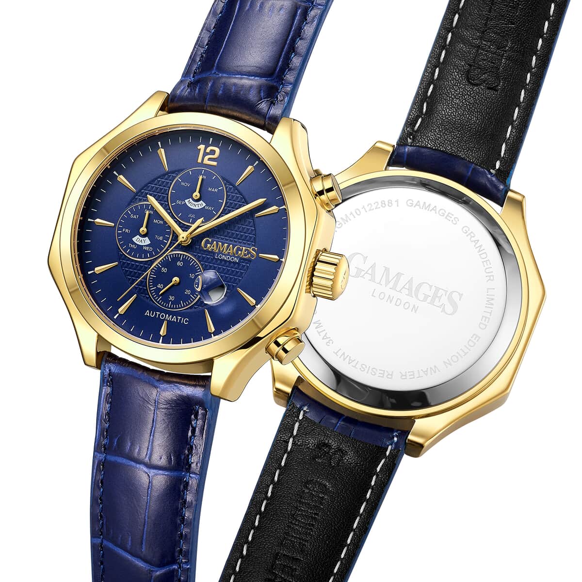 GAMAGES OF LONDON Limited Edition Hand Assembled Grandeur Automatic Movement Genuine Leather Strap Watch in Blue (45mm) FREE GIFT PEN image number 3