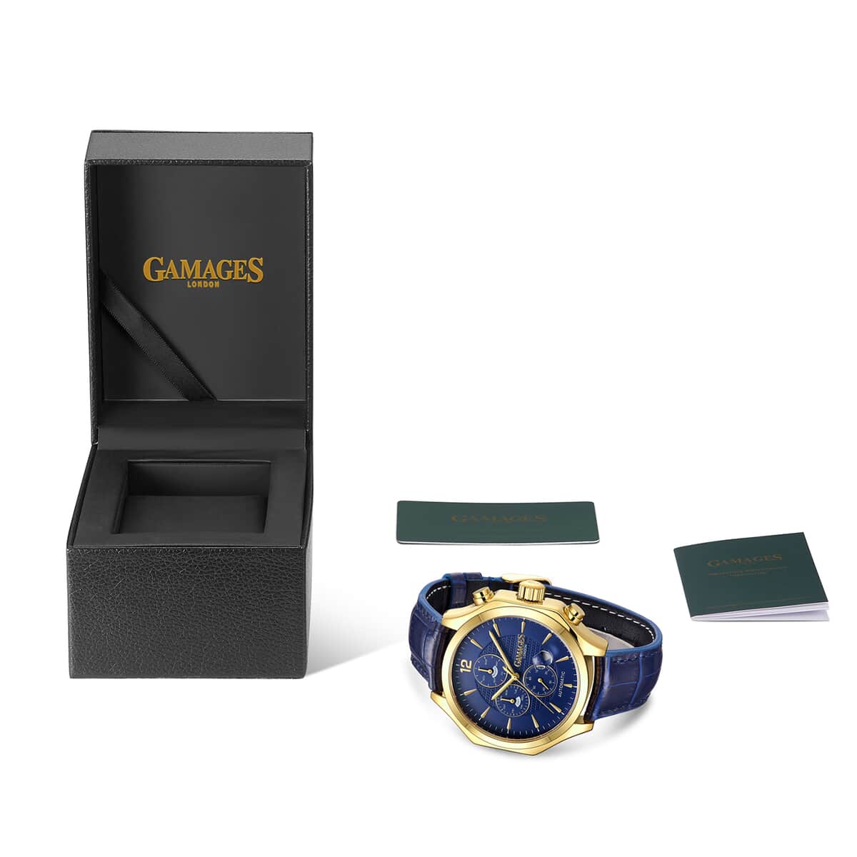 GAMAGES OF LONDON Limited Edition Hand Assembled Grandeur Automatic Movement Genuine Leather Strap Watch in Blue (45mm) FREE GIFT PEN image number 4