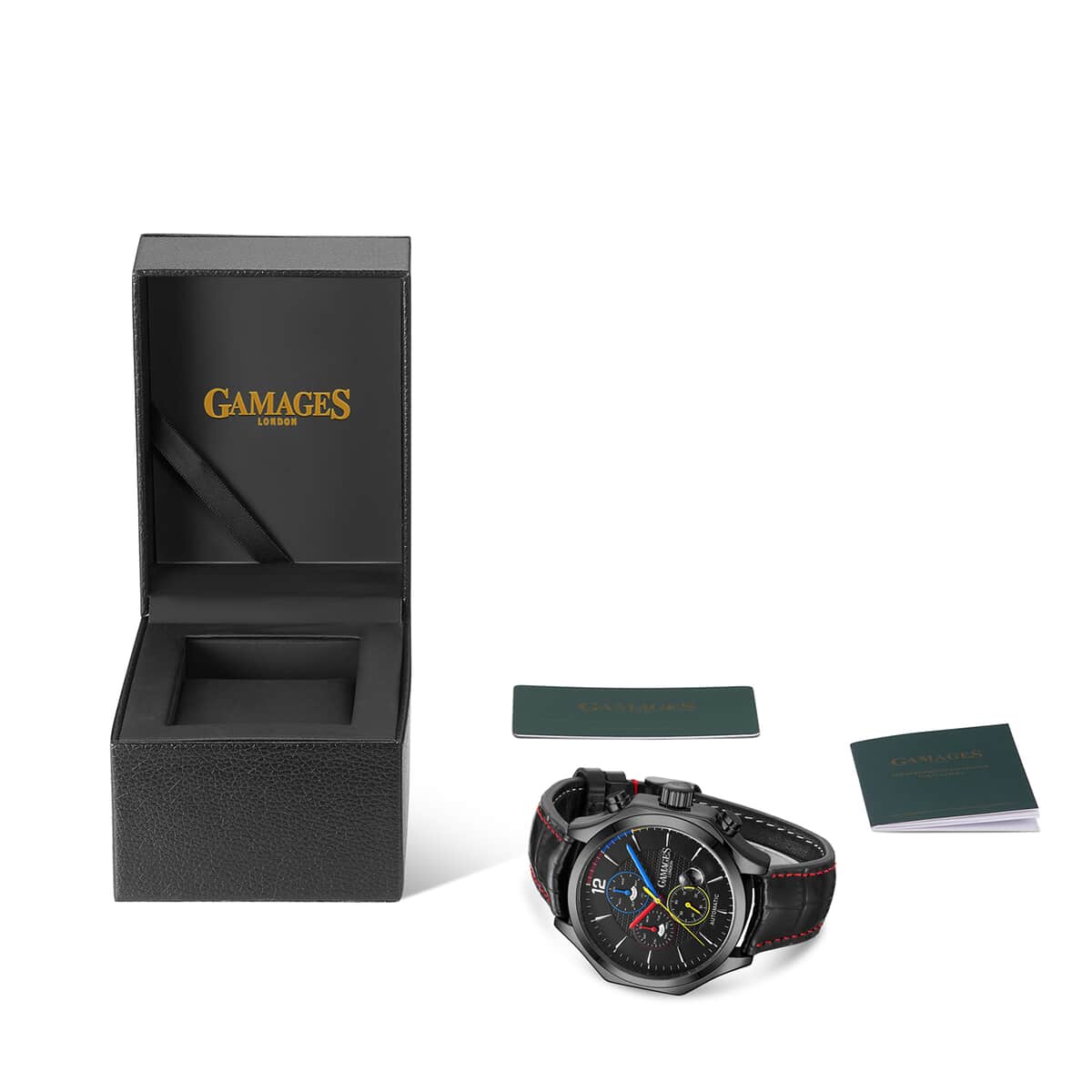 GAMAGES OF LONDON Limited Edition Hand Assembled Grandeur Automatic Movement Genuine Leather Strap Watch in Black (45mm) FREE GIFT PEN image number 4