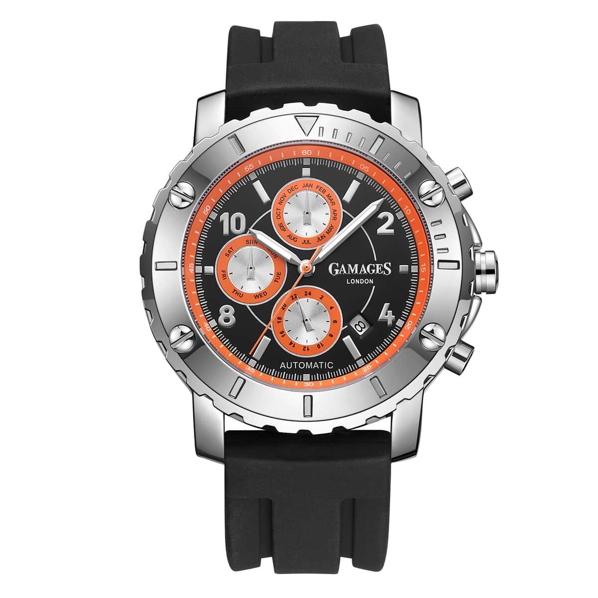 GAMAGES OF LONDON Limited Edition Hand Assembled Innovator Automatic Movement Silicone Strap Watch in Orange (45mm) FREE GIFT PEN image number 0