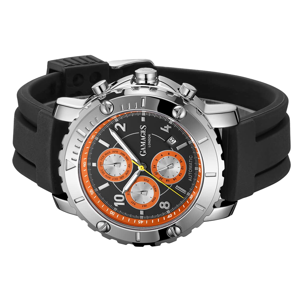 GAMAGES OF LONDON Limited Edition Hand Assembled Innovator Automatic Movement Silicone Strap Watch in Orange (45mm) FREE GIFT PEN image number 1