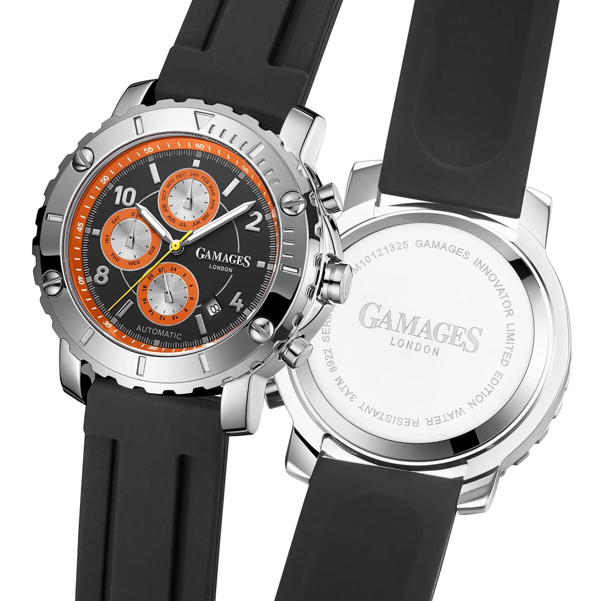 GAMAGES OF LONDON Limited Edition Hand Assembled Innovator Automatic Movement Silicone Strap Watch in Orange (45mm) FREE GIFT PEN image number 3