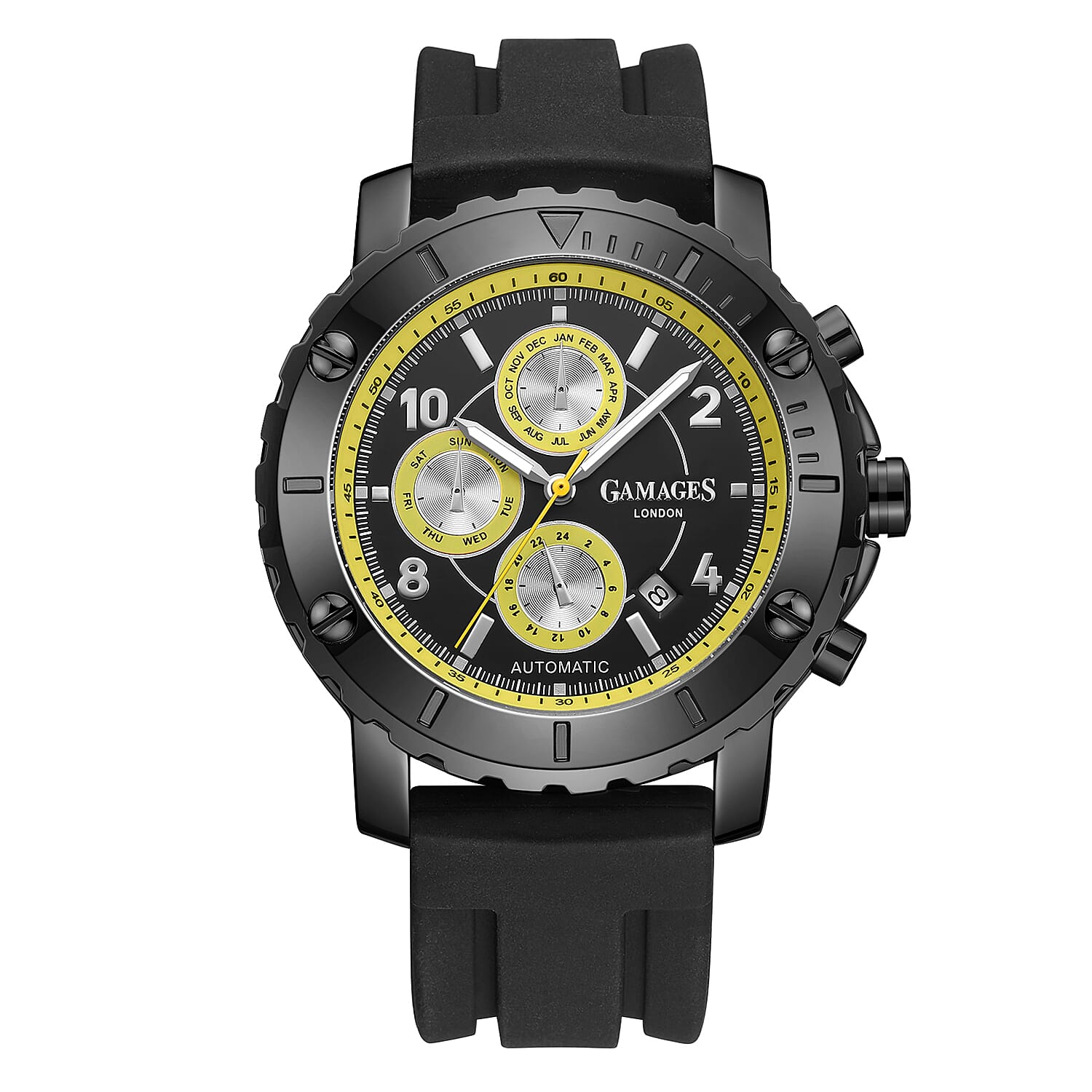 GAMAGES OF LONDON Limited Edition Hand Assembled Innovator Automatic Movement Silicone Strap Watch in Yellow (45mm)