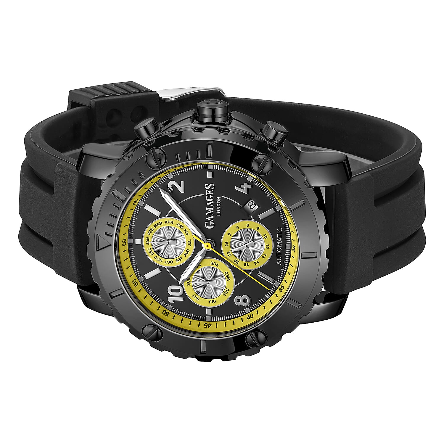 GAMAGES OF LONDON Limited Edition Hand Assembled Innovator Automatic Movement Silicone Strap Watch in Yellow (45mm)