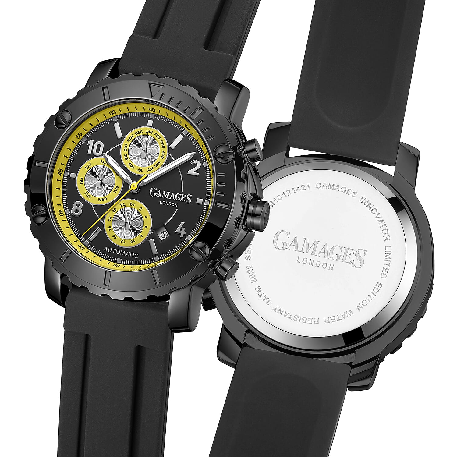 GAMAGES OF LONDON Limited Edition Hand Assembled Innovator Automatic Movement Silicone Strap Watch in Yellow (45mm)
