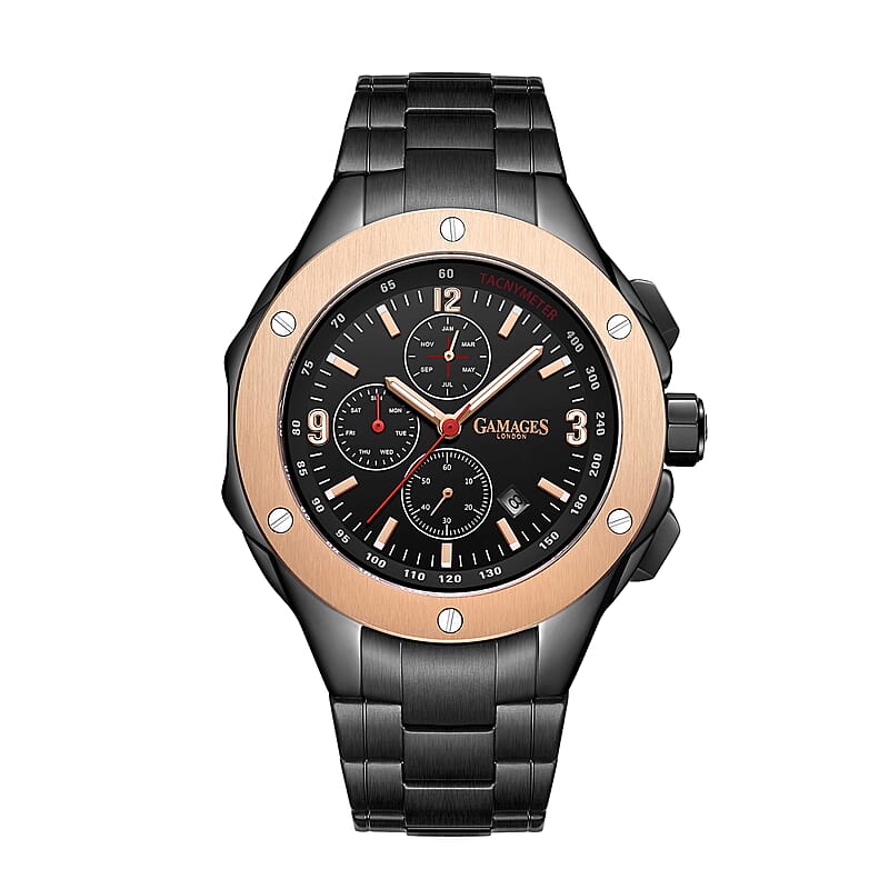 Gamages of London Limited Edition Hand Assembled Synergy Automatic Movement Watch in ION Plated Black Stainless Steel (50mm) FREE GIFT PEN