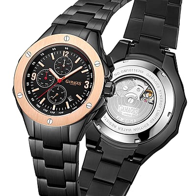 Gamages of London Limited Edition Hand Assembled Synergy Automatic Movement Watch in ION Plated Black Stainless Steel (50mm) FREE GIFT PEN