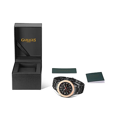 Gamages of London Limited Edition Hand Assembled Synergy Automatic Movement Watch in ION Plated Black Stainless Steel (50mm) FREE GIFT PEN