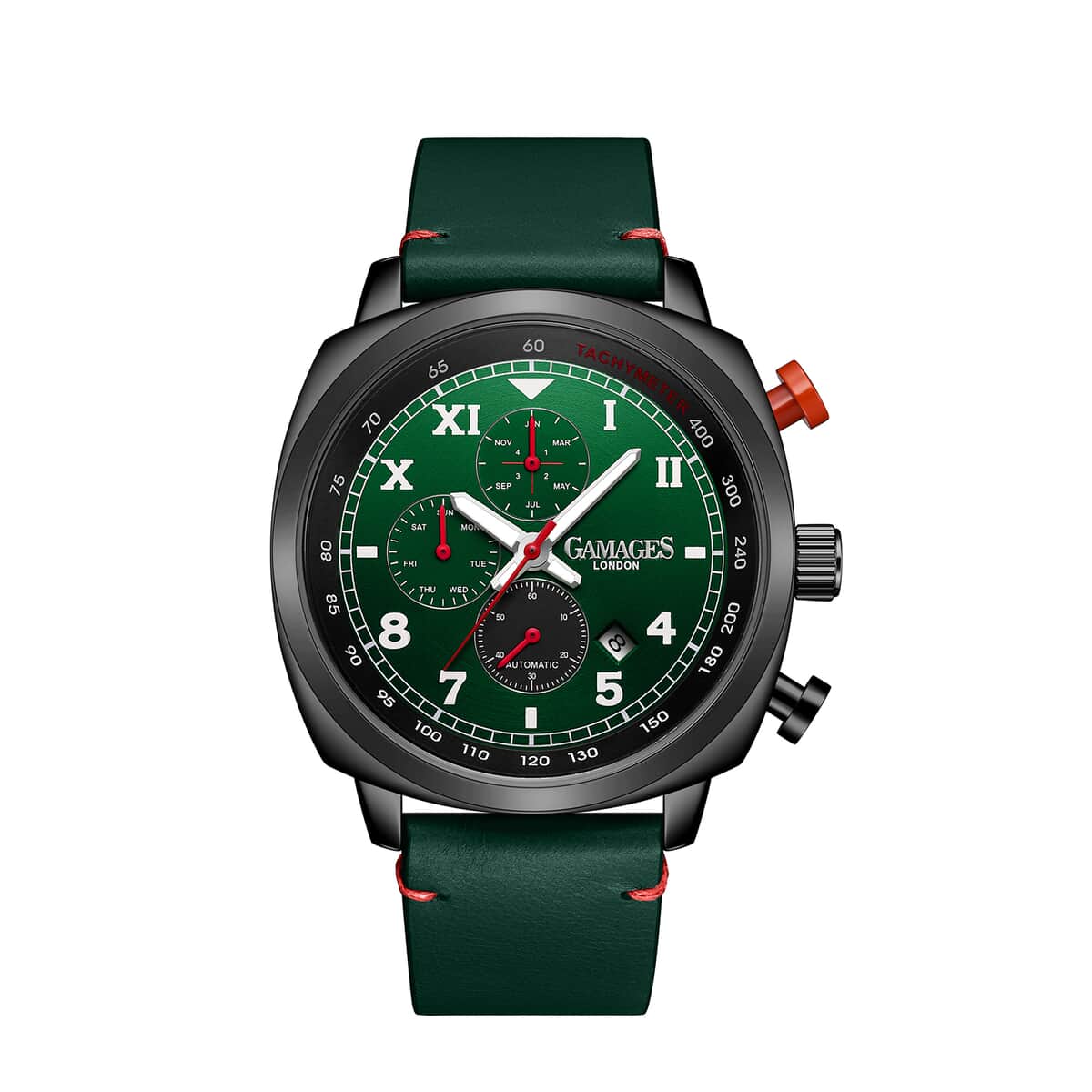 GAMAGES OF LONDON Limited Edition Hand Assembled Apex Automatic Movement Genuine Leather Strap Watch in Green (45mm) FREE GIFT PEN image number 0