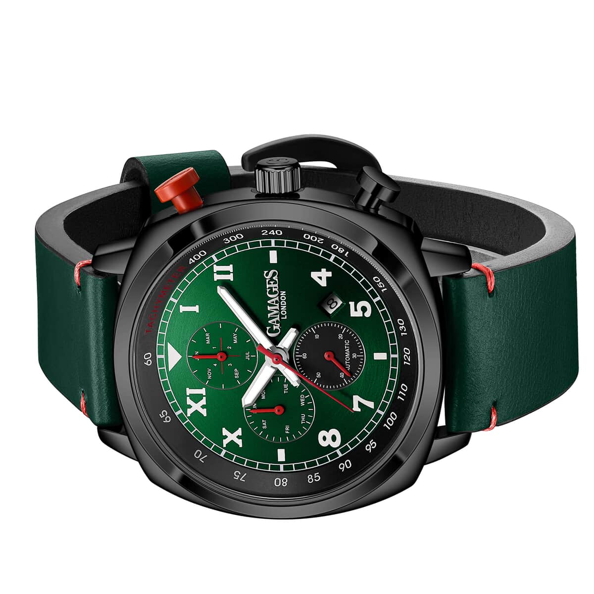 GAMAGES OF LONDON Limited Edition Hand Assembled Apex Automatic Movement Genuine Leather Strap Watch in Green (45mm) FREE GIFT PEN image number 2
