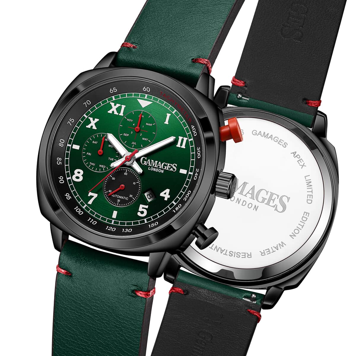 GAMAGES OF LONDON Limited Edition Hand Assembled Apex Automatic Movement Genuine Leather Strap Watch in Green (45mm) FREE GIFT PEN image number 4