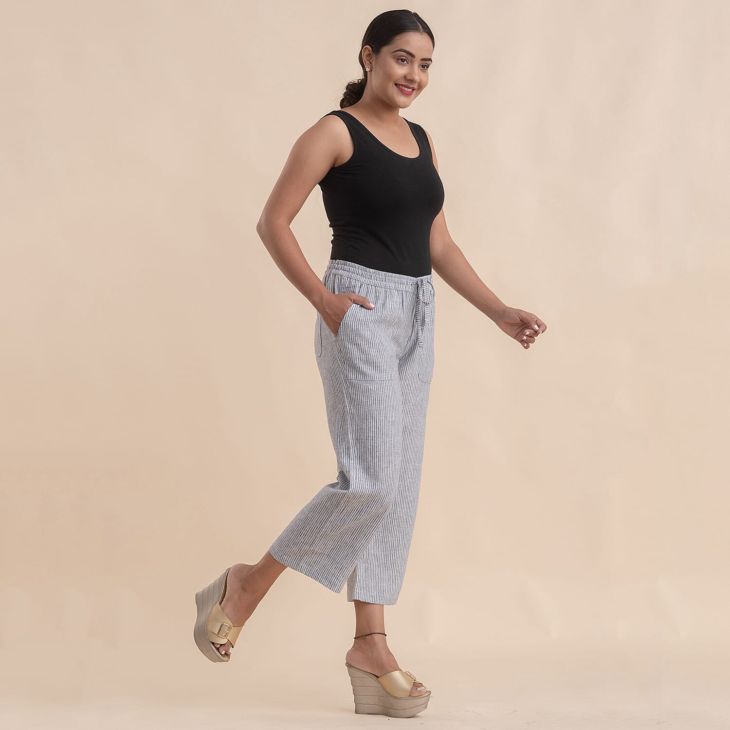 JOVIE Pinstripe Gray Linen Wide Leg Capri with Drawstring - L