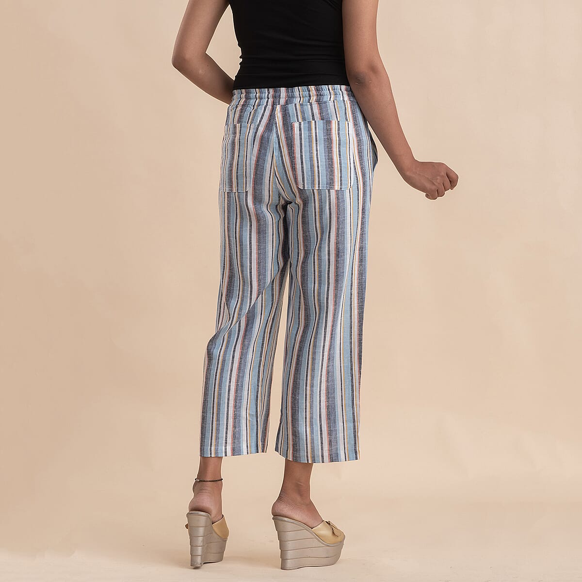 JOVIE Multi Color Stripe Linen Wide Leg Capri with Drawstring - M image number 1