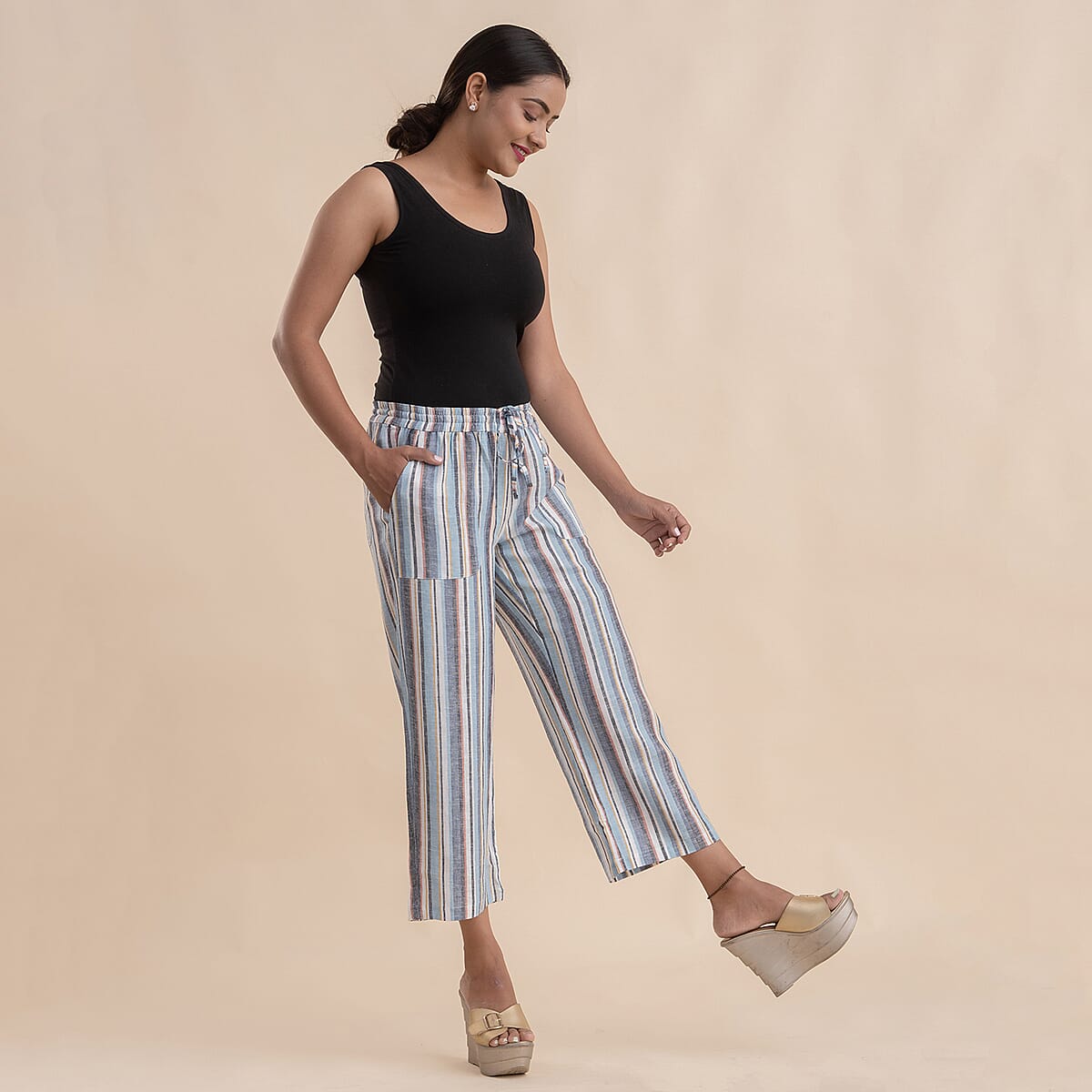 JOVIE Multi Color Stripe Linen Wide Leg Capri with Drawstring - M image number 2
