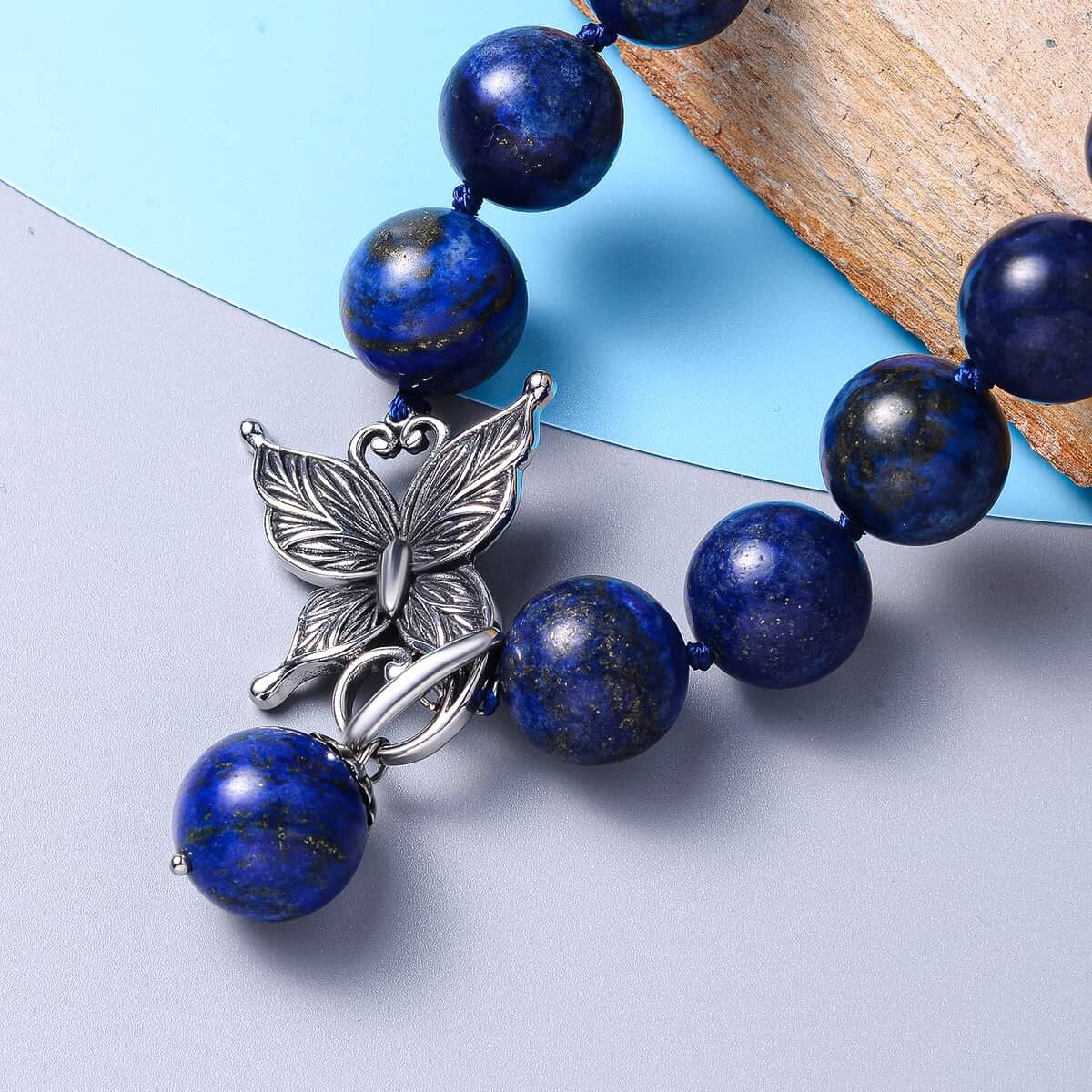 Lapis Lazuli Beaded Necklace In Stainless Steel, Premium Bead Necklace For Women, Butterfly Front Toggle Clasp (20 Inches) 802.00 ctw image number 1