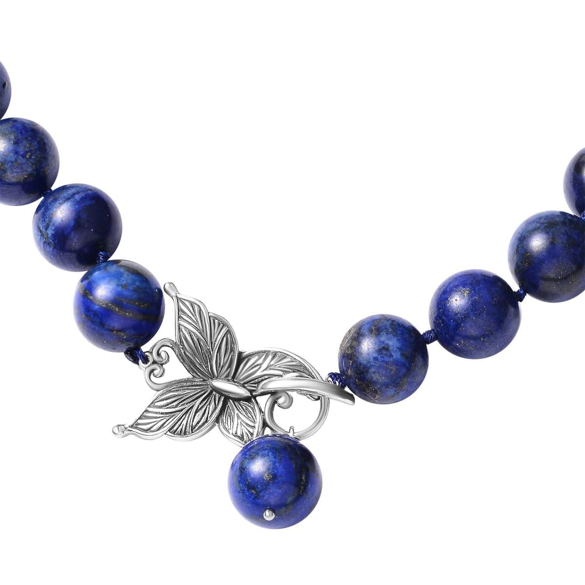 Lapis Lazuli Beaded Necklace In Stainless Steel, Premium Bead Necklace For Women, Butterfly Front Toggle Clasp (20 Inches) 802.00 ctw image number 2