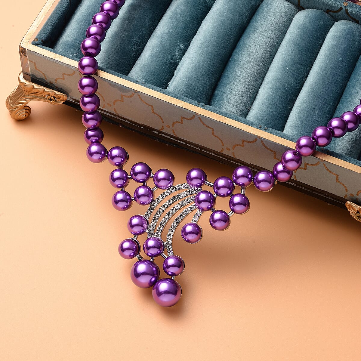 Simulated Purple Pearl and White Austrian Crystal Elegant BIB Necklace 20 Inches in Silvertone image number 1