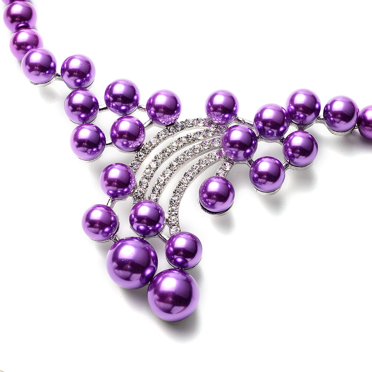 Simulated Purple Pearl and White Austrian Crystal Elegant BIB Necklace 20 Inches in Silvertone image number 3