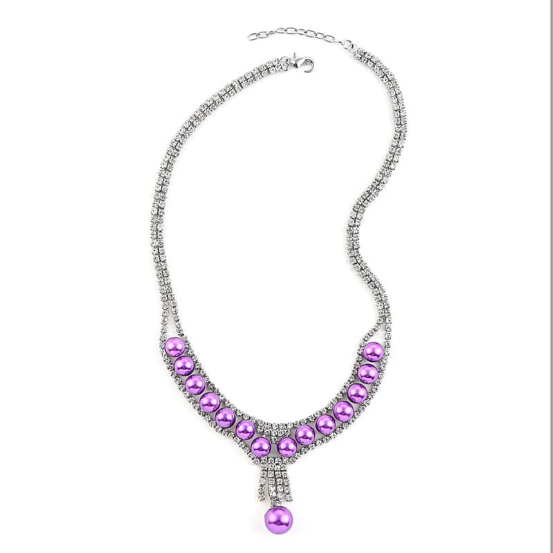 Simulated Purple Pearl and White Austrian Crystal Necklace 20 Inches in Silvertone