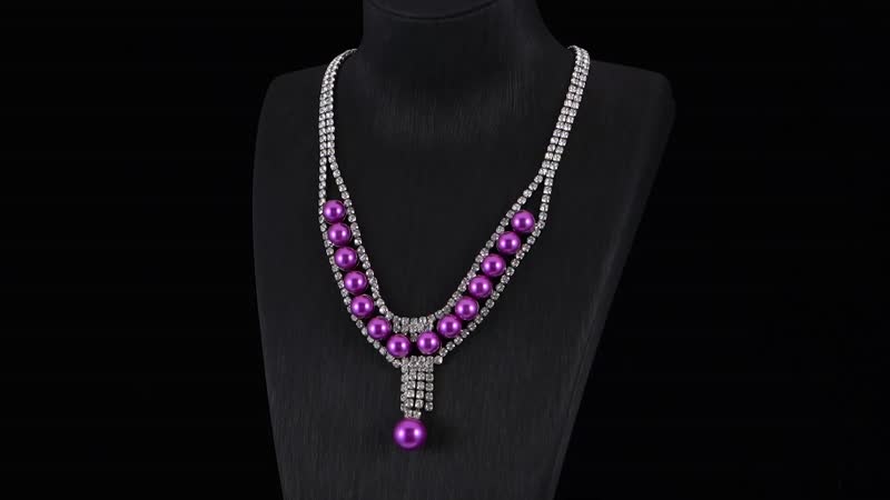 Simulated Purple Pearl and White Austrian Crystal Necklace 20 Inches in Silvertone