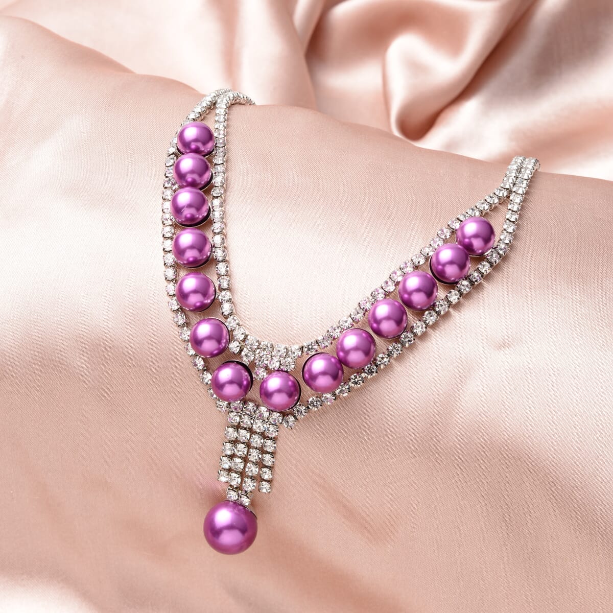 Simulated Purple Pearl and White Austrian Crystal Necklace 20 Inches in Silvertone image number 1