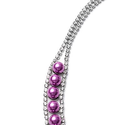 Simulated Purple Pearl and White Austrian Crystal Necklace 20 Inches in Silvertone