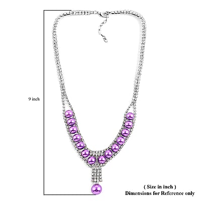Simulated Purple Pearl and White Austrian Crystal Necklace 20 Inches in Silvertone
