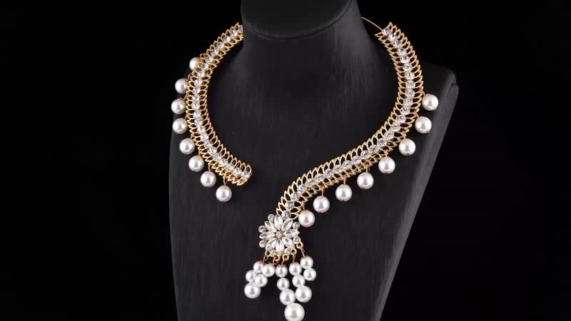 Simulated White Pearl and Multi Gemstone Tassel Necklace 16 Inches in Goldtone