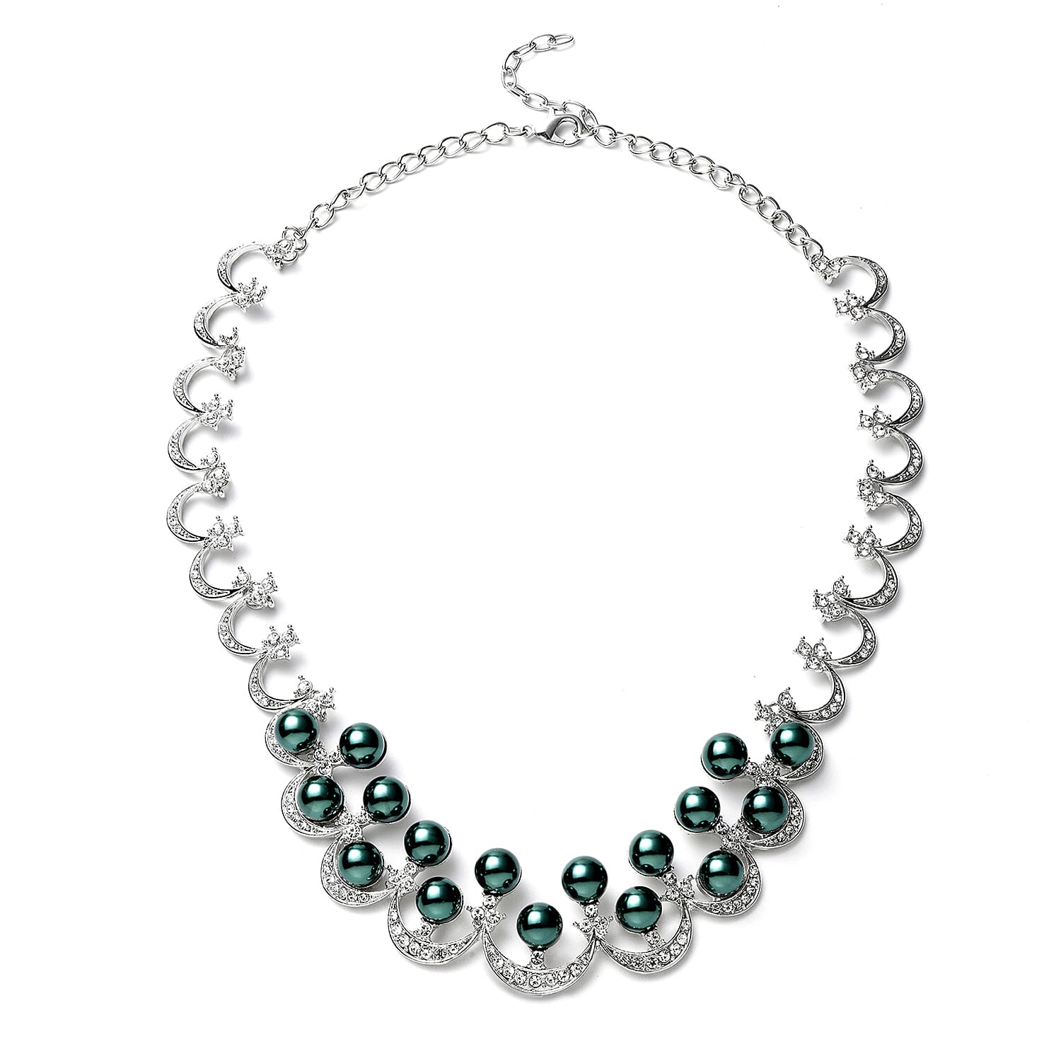 Simulated Peacock Pearl and White Austrian Crystal Necklace 20 Inches in Silvertone