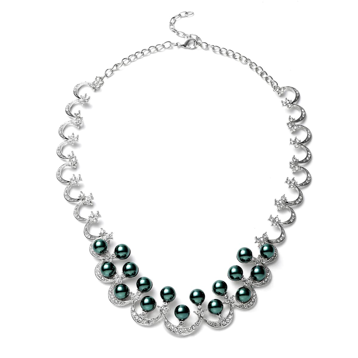 Simulated Peacock Pearl and White Austrian Crystal Necklace 20 Inches in Silvertone image number 0