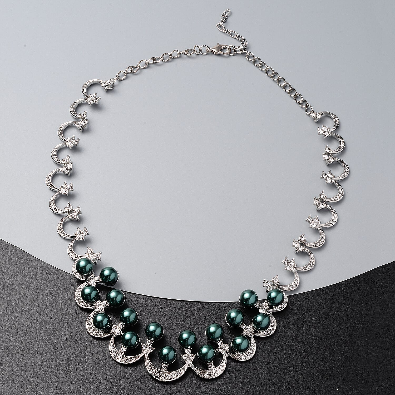 Simulated Peacock Pearl and White Austrian Crystal Necklace 20 Inches in Silvertone