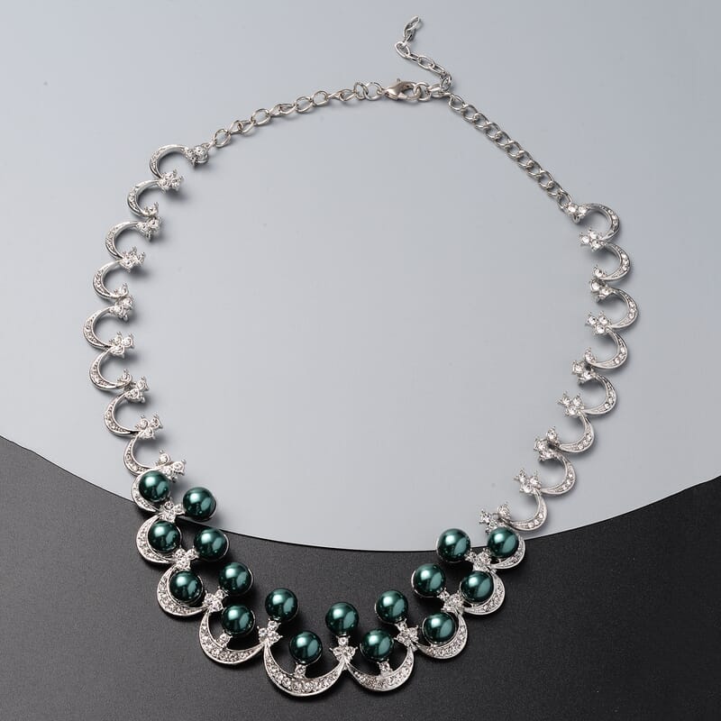 Simulated Peacock Pearl and White Austrian Crystal Necklace 20 Inches in Silvertone