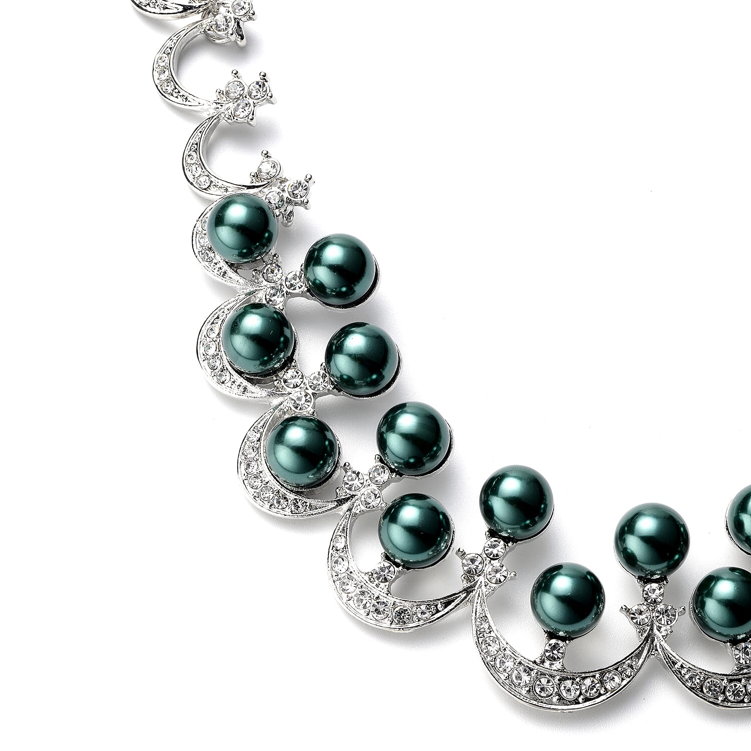 Simulated Peacock Pearl and White Austrian Crystal Necklace 20 Inches in Silvertone