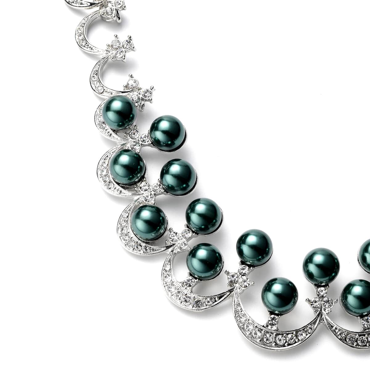 Simulated Peacock Pearl and White Austrian Crystal Necklace 20 Inches in Silvertone image number 2