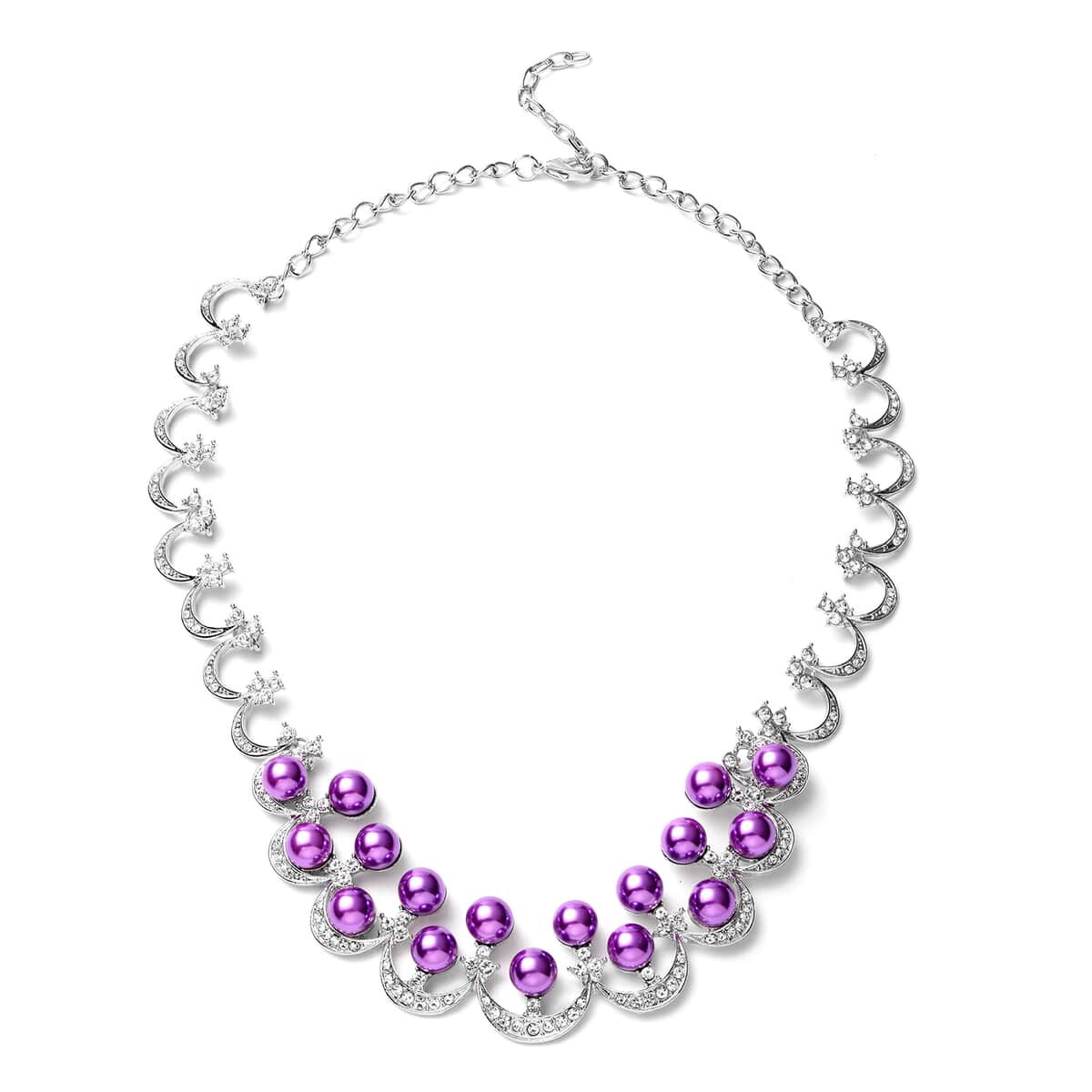 Simulated Purple Pearl and White Austrian Crystal Necklace 20 Inches in Silvertone image number 0