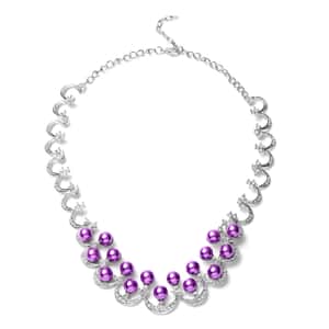 Simulated Purple Pearl and White Austrian Crystal Necklace 20 Inches in Silvertone