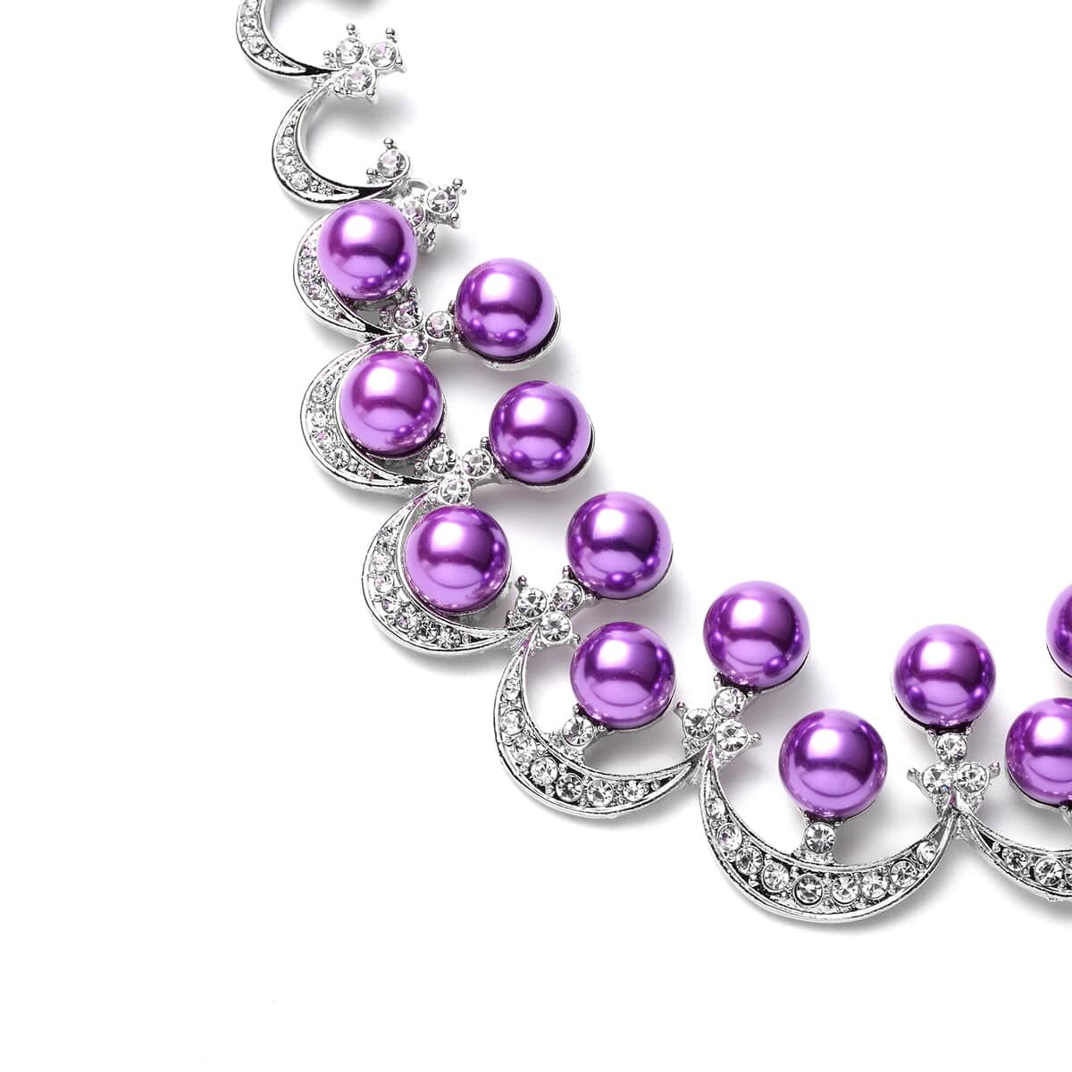 Simulated Purple Pearl and White Austrian Crystal Necklace 20 Inches in Silvertone image number 2