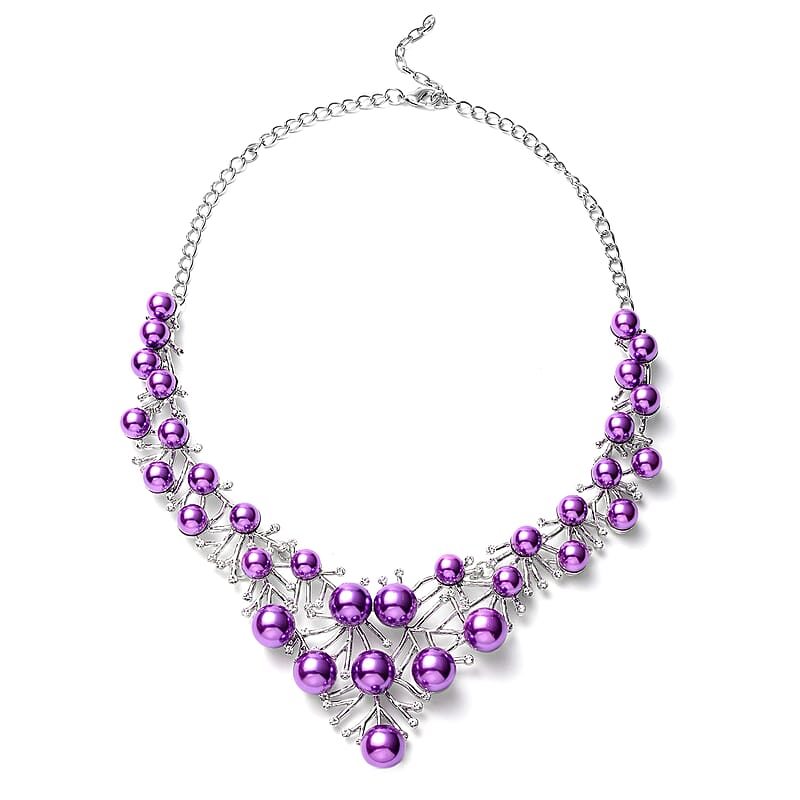 Simulated Purple Pearl and White Austrian Crystal BIB Necklace 20.50 Inches in Silvertone