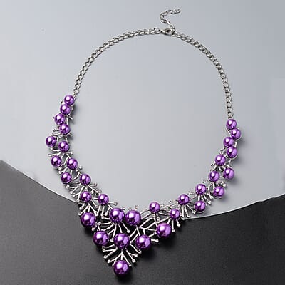 Simulated Purple Pearl and White Austrian Crystal BIB Necklace 20.50 Inches in Silvertone