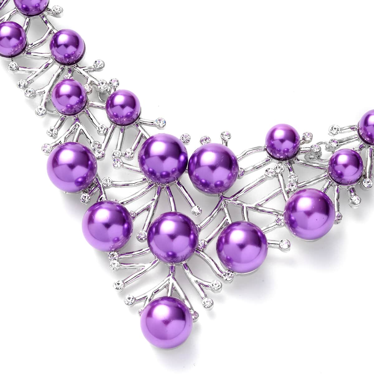 Simulated Purple Pearl and White Austrian Crystal BIB Necklace 20.50 Inches in Silvertone image number 2