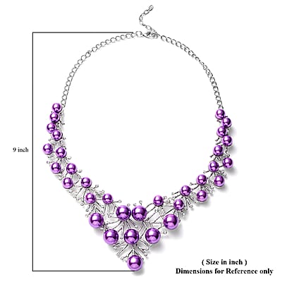 Simulated Purple Pearl and White Austrian Crystal BIB Necklace 20.50 Inches in Silvertone