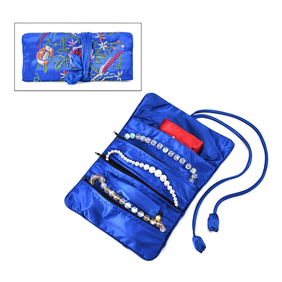 Royal Blue Floral Embroidery Pattern Satin Travel Jewelry Roll Organizer image number 0