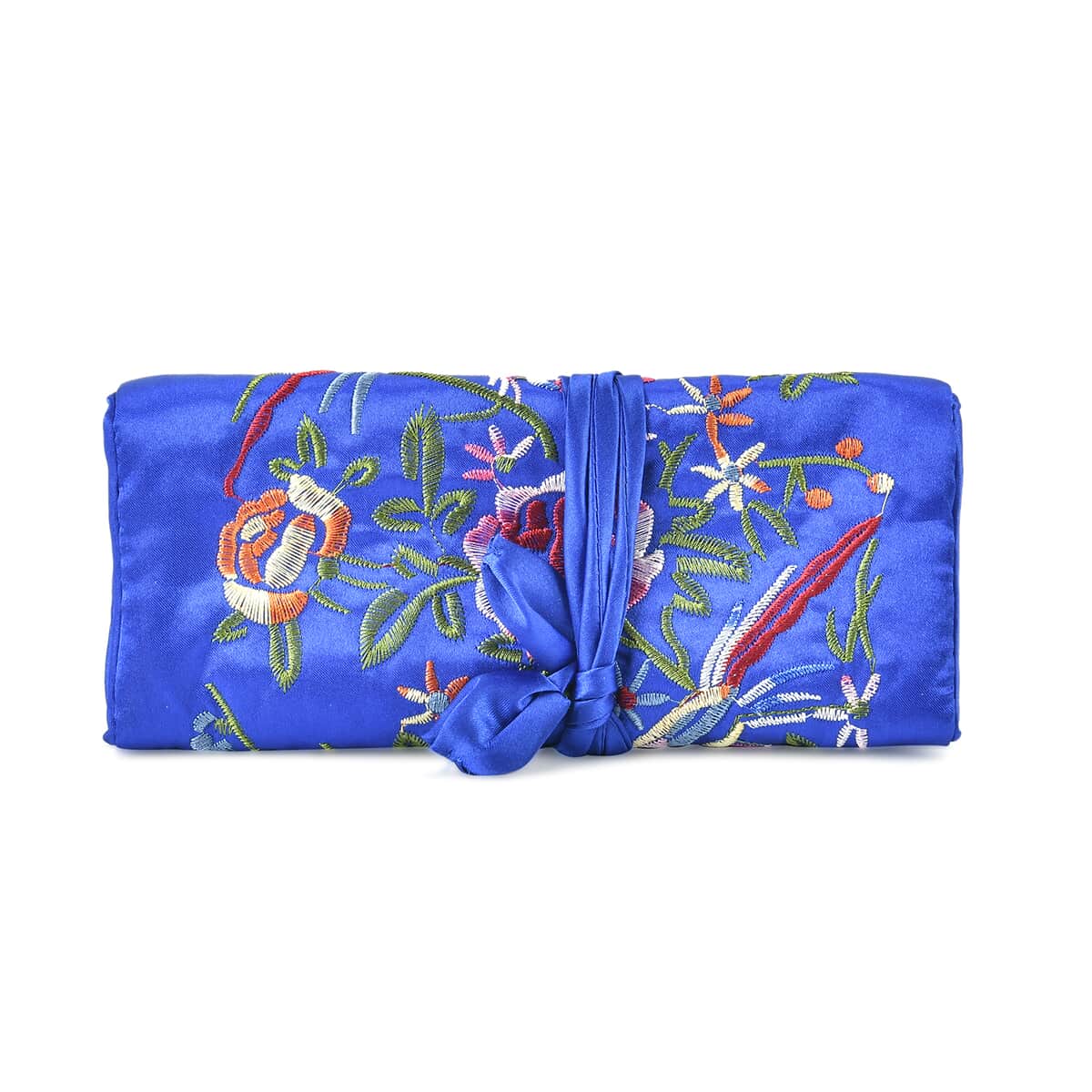 Royal Blue Floral Embroidery Pattern Satin Travel Jewelry Roll Organizer image number 1
