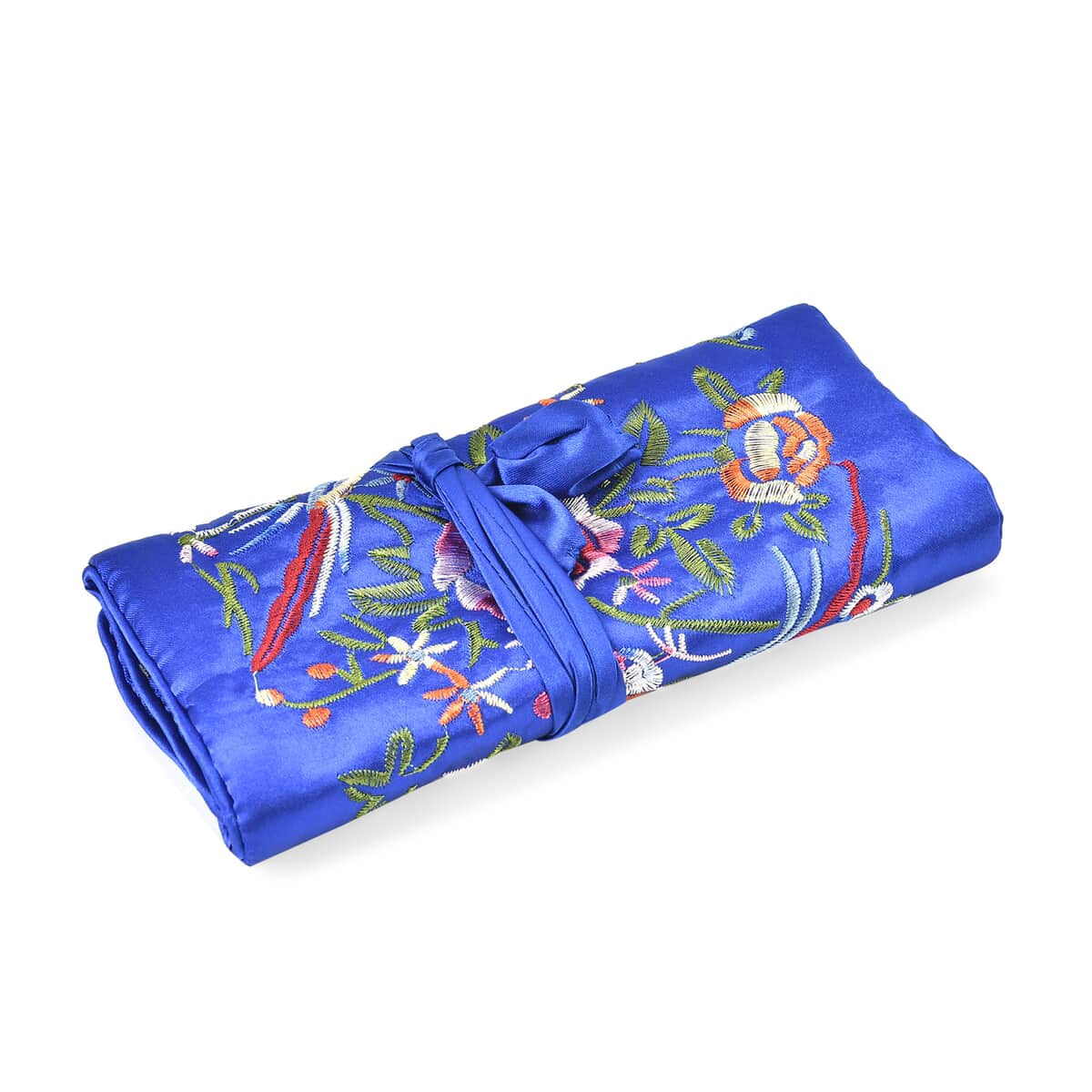 Royal Blue Floral Embroidery Pattern Satin Travel Jewelry Roll Organizer image number 2